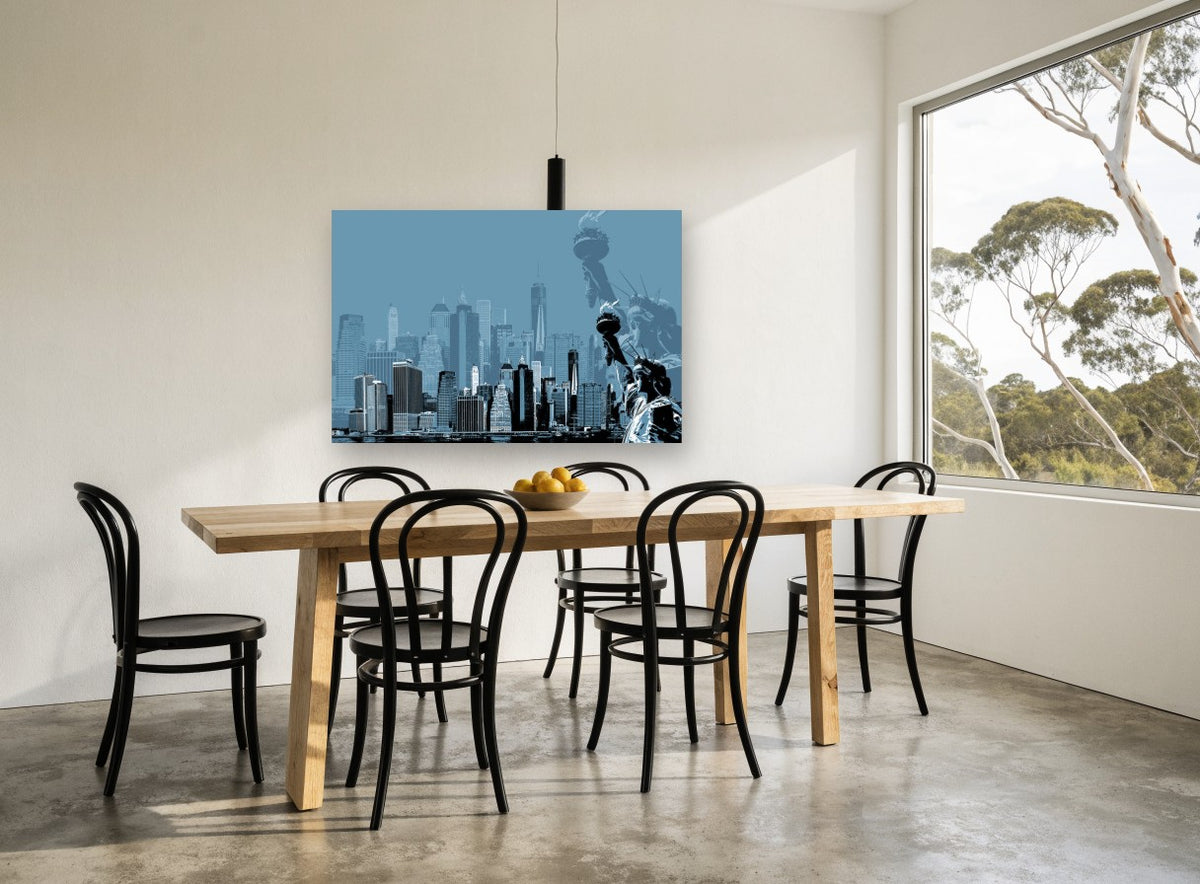 Liberty Over Manhattan city canvas print on the wall of a dining room