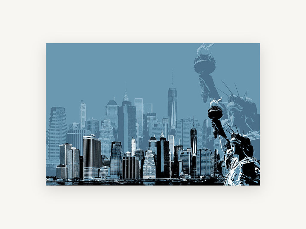 Liberty Over Manhattan, statue of liberty manhattan skyline blue, city canvas wall art print, front view