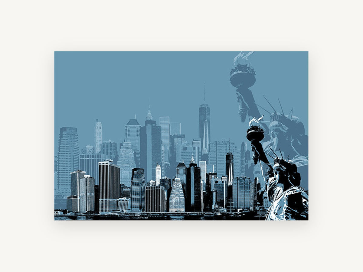 Liberty Over Manhattan, statue of liberty manhattan skyline blue, city canvas wall art print, front view