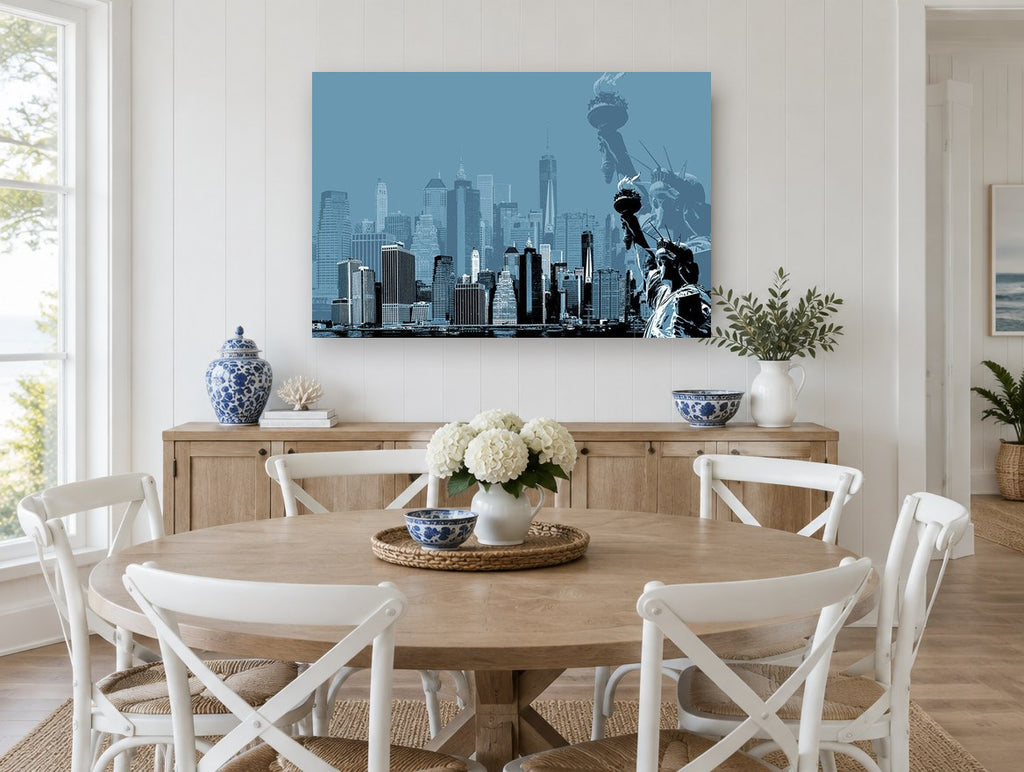 Liberty Over Manhattan city canvas print on the wall of a Hamptons dining room