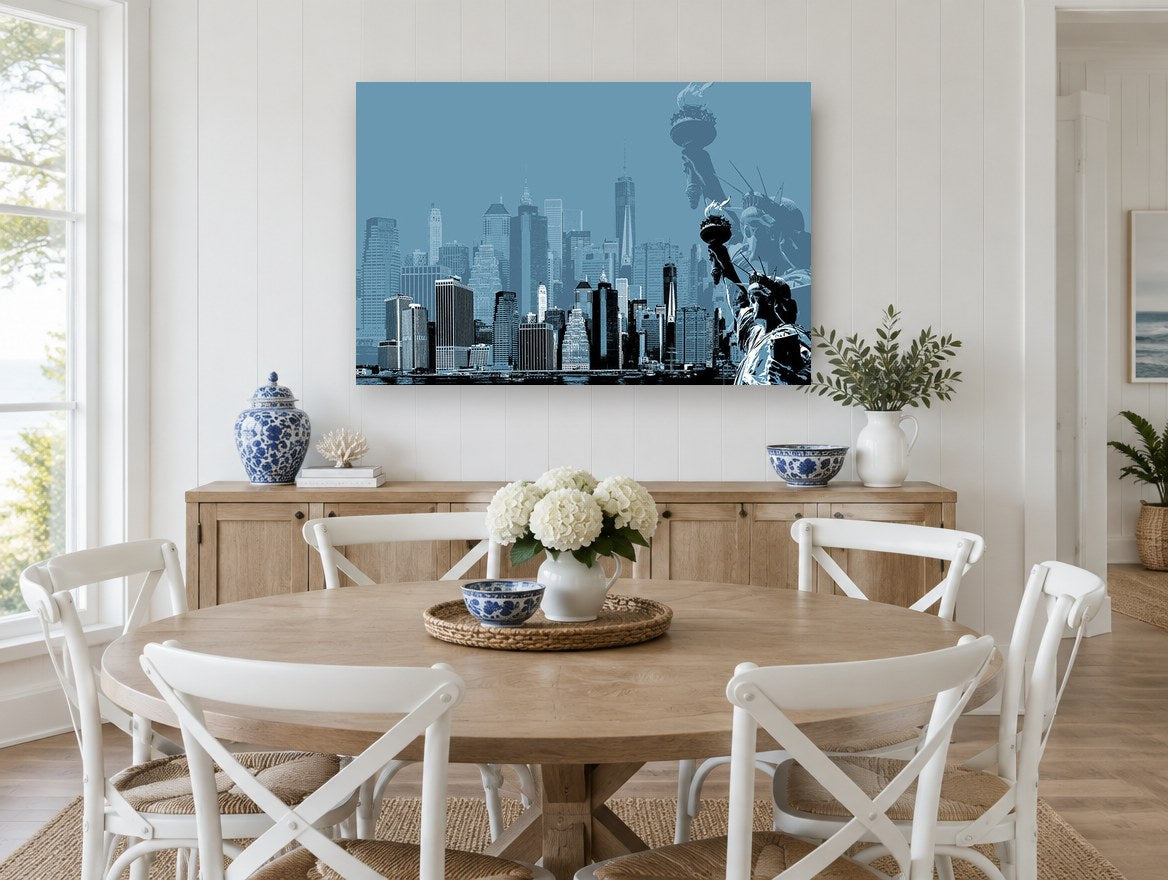Liberty Over Manhattan city canvas print on the wall of a Hamptons dining room