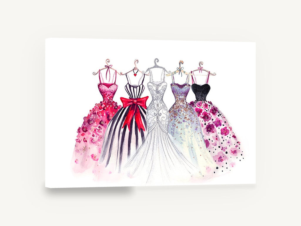 Five Gowns on Hangers, fashion gowns watercolour illustration, floral canvas wall art print ready to hang
