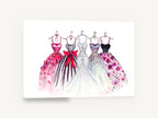 Five Gowns on Hangers, fashion gowns watercolour illustration, floral canvas wall art print ready to hang
