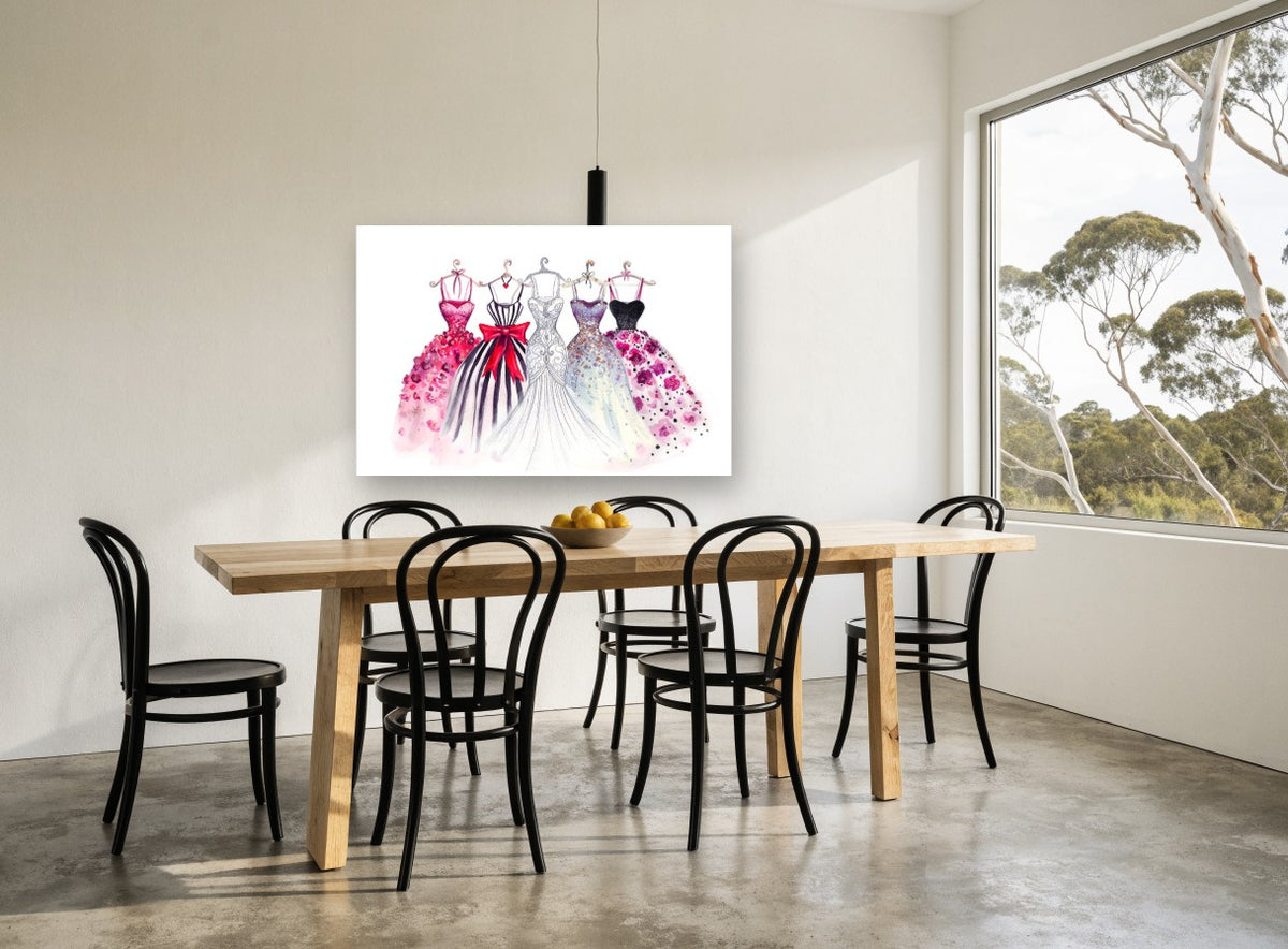 Five Gowns on Hangers floral canvas print on the wall of a dining room