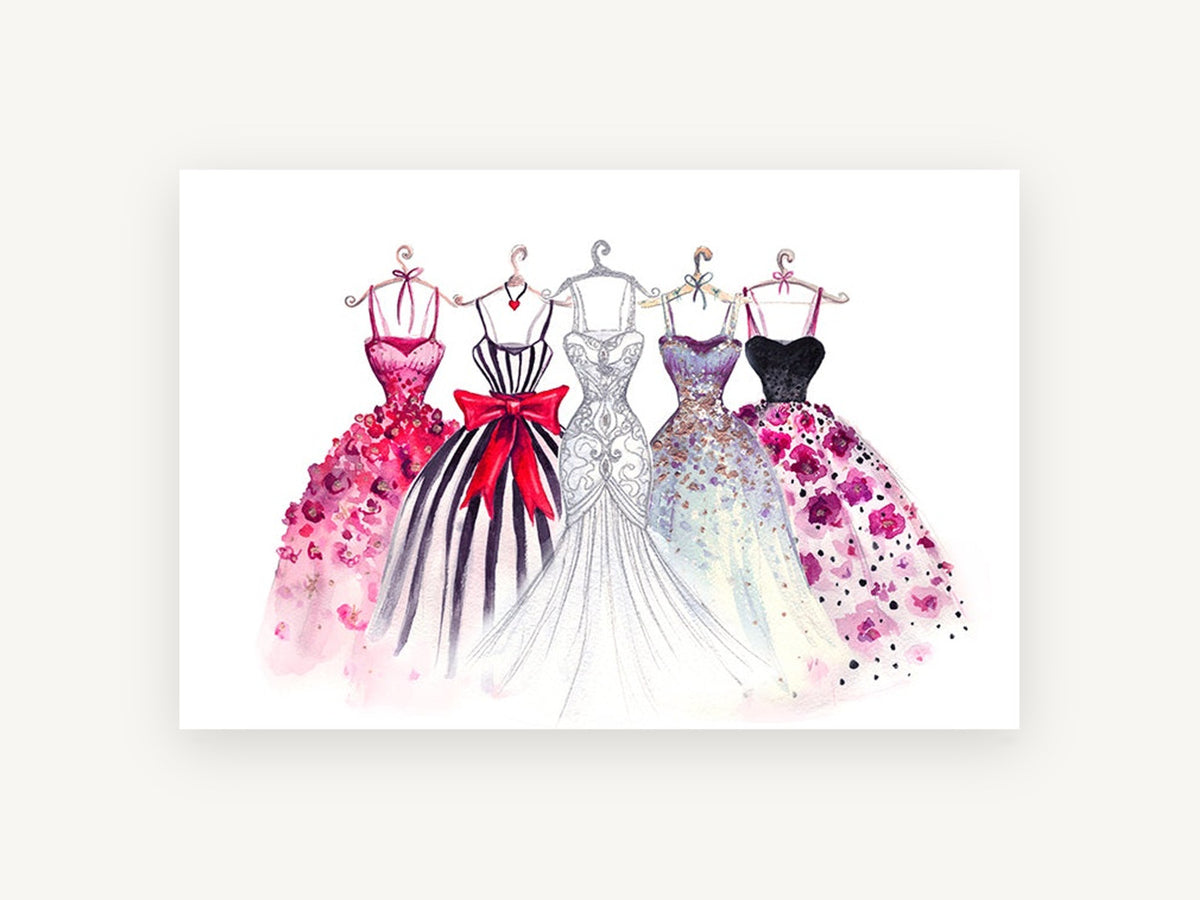 Five Gowns on Hangers, floral canvas wall art print, front view