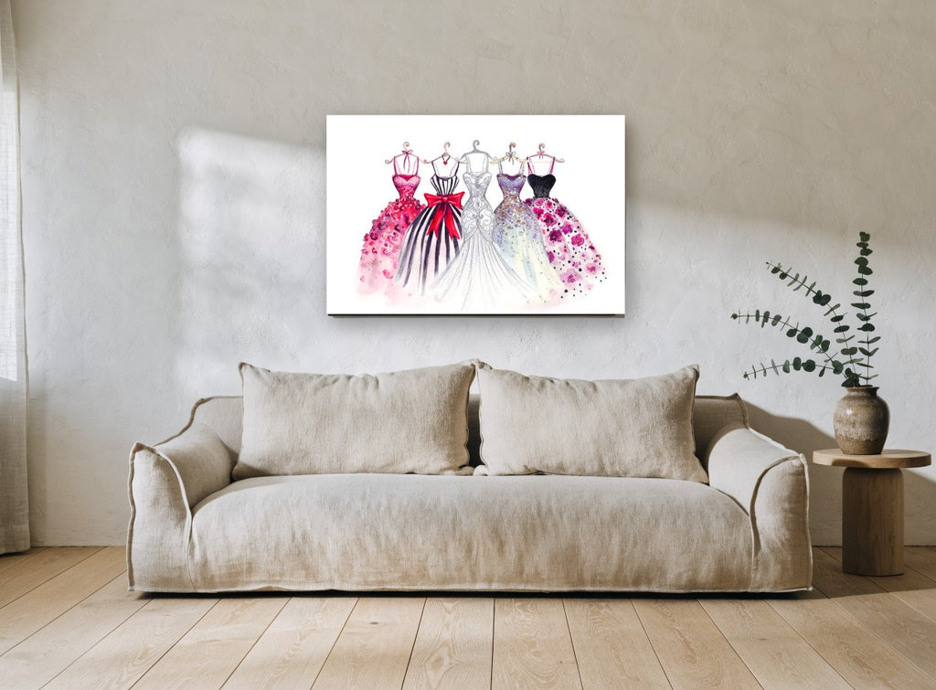 Five Gowns on Hangers floral canvas print on the wall of a living room