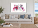 Five Gowns on Hangers floral canvas print on the wall of a beach house living room