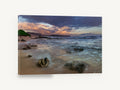 Dusk Surge Over Rocks, sunset beach long exposure photograph, coastal canvas wall art print ready to hang