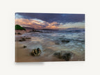 Dusk Surge Over Rocks, sunset beach long exposure photograph, coastal canvas wall art print ready to hang