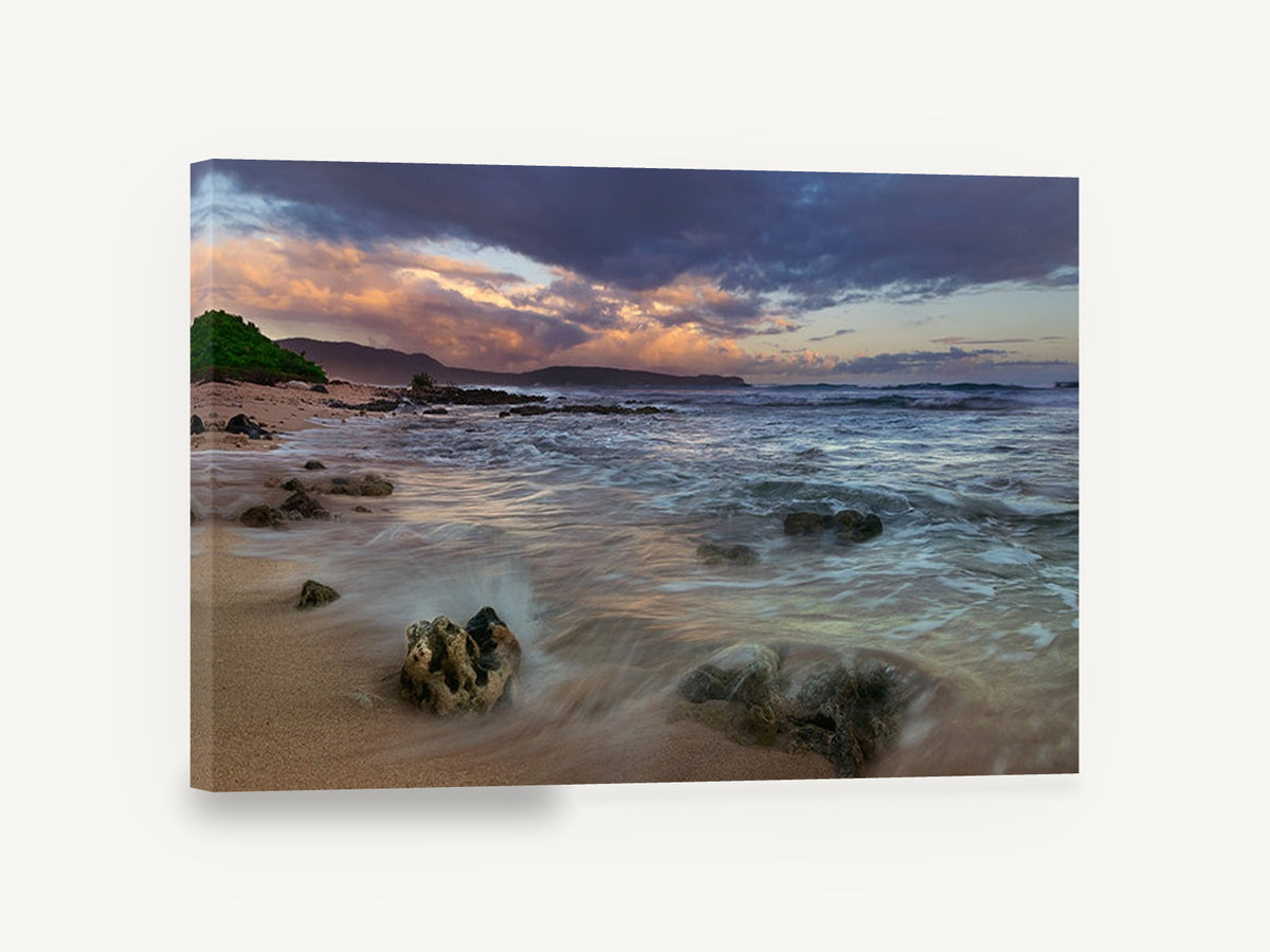 Dusk Surge Over Rocks, sunset beach long exposure photograph, coastal canvas wall art print ready to hang