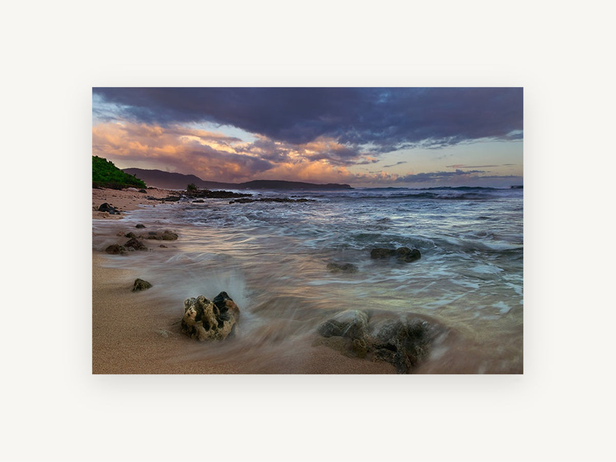 Dusk Surge Over Rocks, coastal canvas wall art print, front view