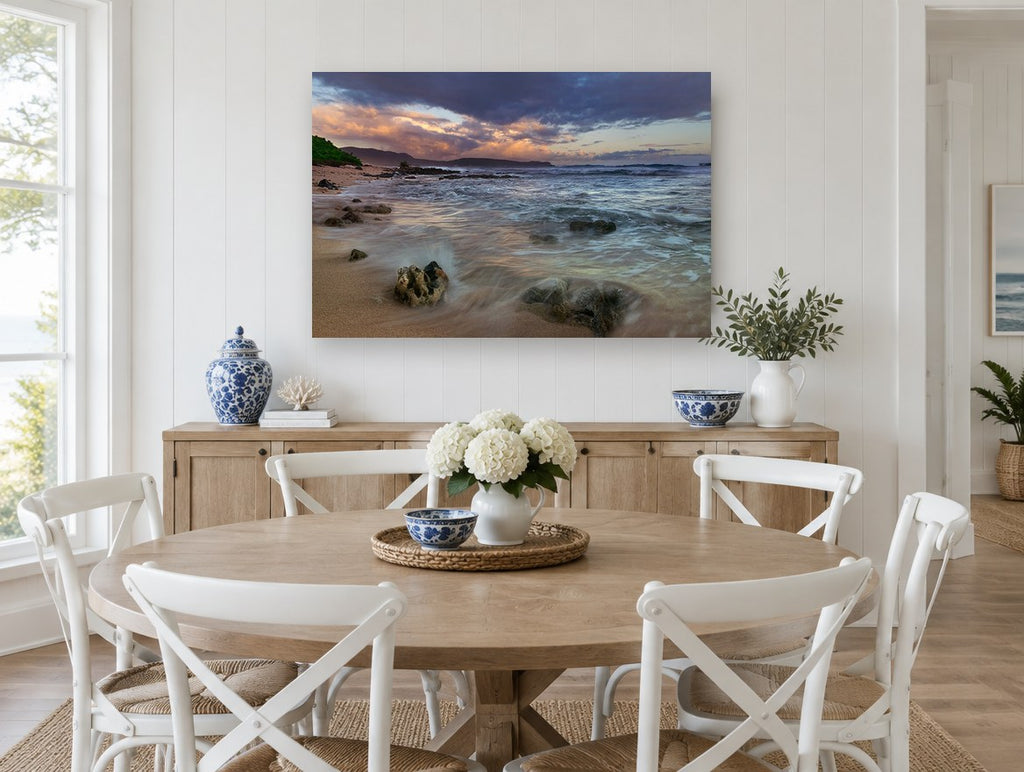Dusk Surge Over Rocks coastal canvas print on the wall of a Hamptons dining room