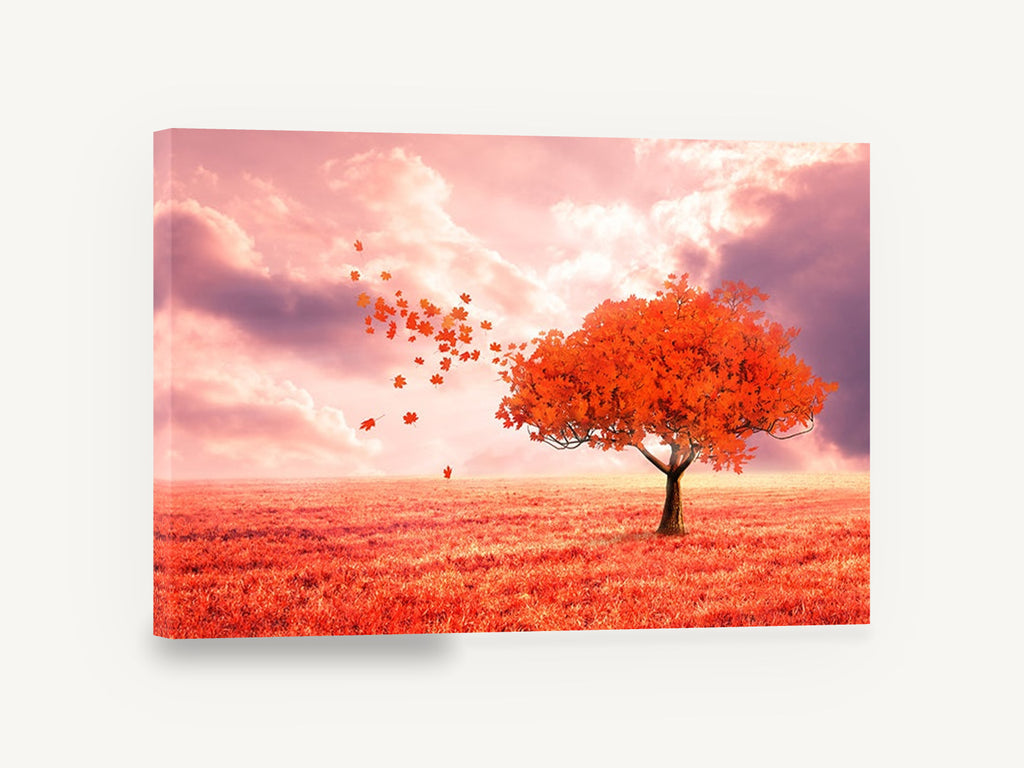 Red Maple Drift, red maple tree autumn landscape, landscape canvas wall art print ready to hang