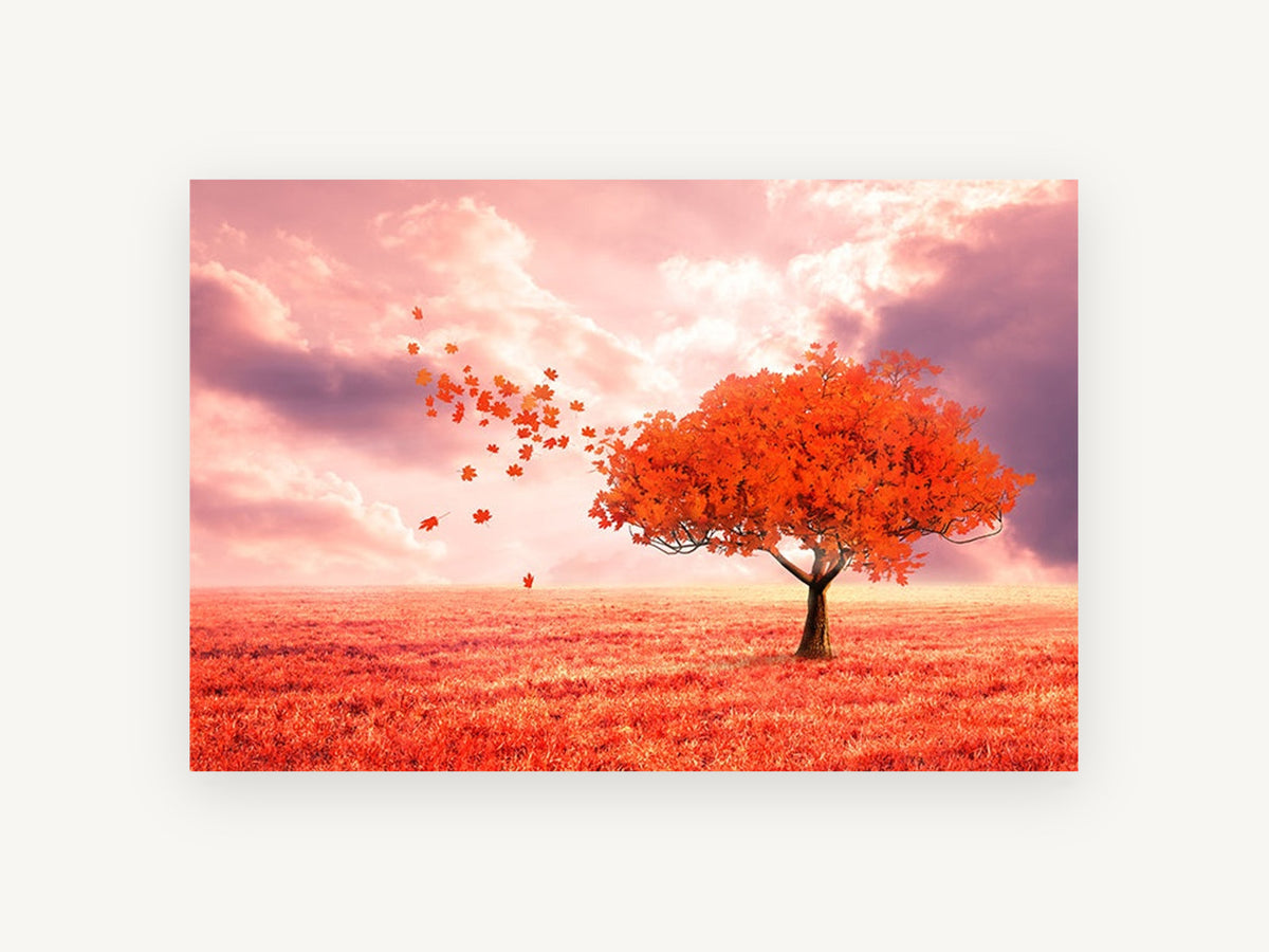 Red Maple Drift, red maple tree autumn landscape, landscape canvas wall art print, front view