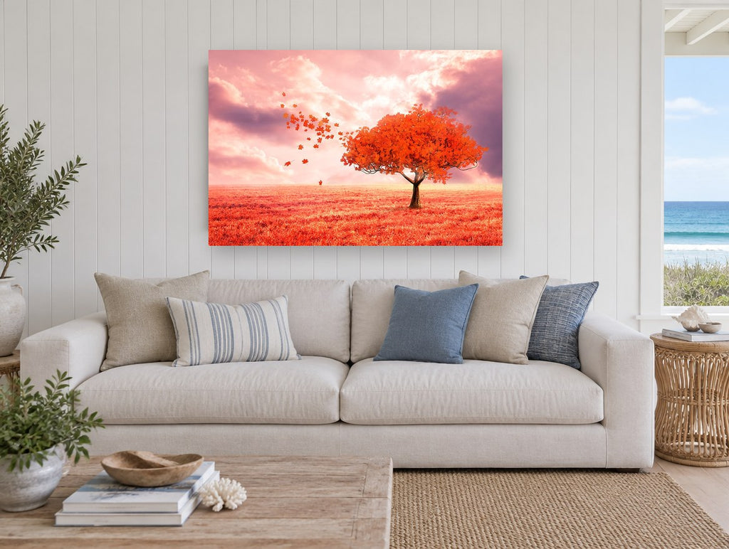 Red Maple Drift landscape canvas print on the wall of a beach house living room