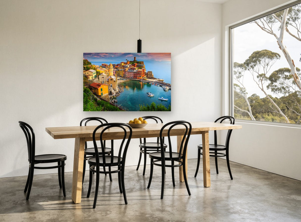 Vernazza Harbour Dusk coastal canvas print on the wall of a dining room