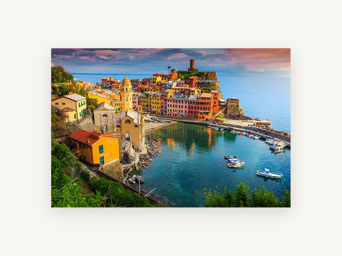 Vernazza Harbour Dusk, coastal canvas wall art print, front view