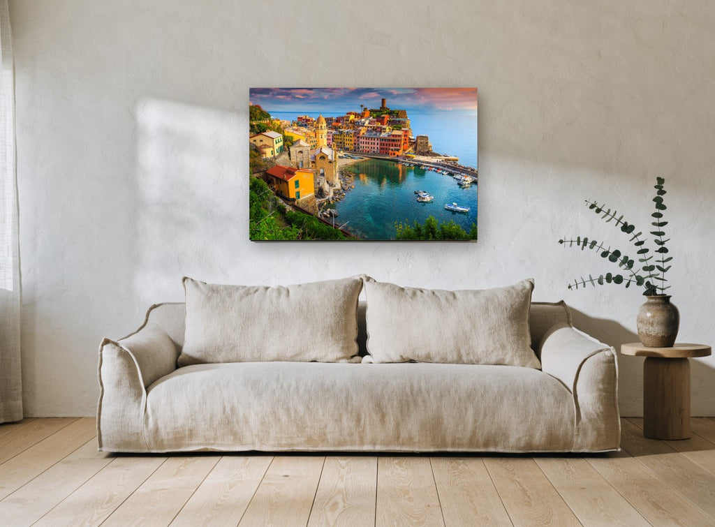 Vernazza Harbour Dusk coastal canvas print on the wall of a living room