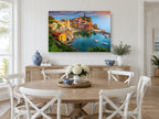 Vernazza Harbour Dusk coastal canvas print on the wall of a Hamptons dining room