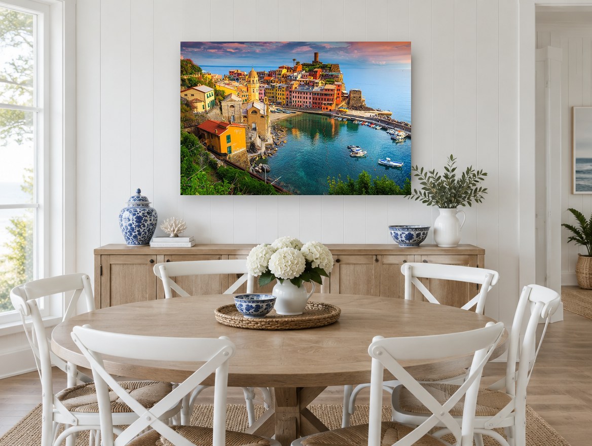 Vernazza Harbour Dusk coastal canvas print on the wall of a Hamptons dining room