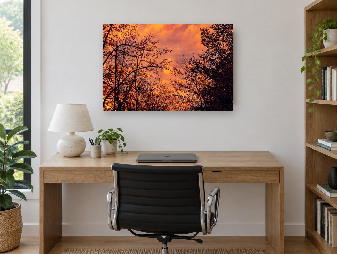 Ember Sky Silhouettes landscape canvas print on the wall of a study