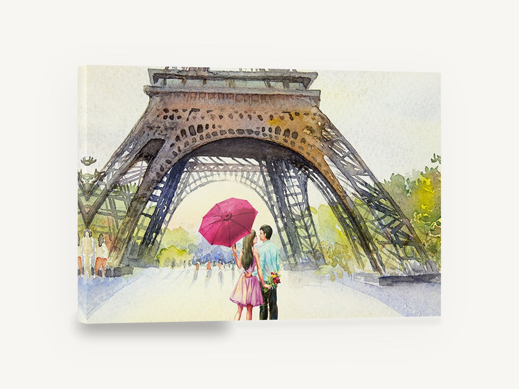 Umbrella Under the Tower, eiffel tower couple watercolour painting, floral canvas wall art print ready to hang