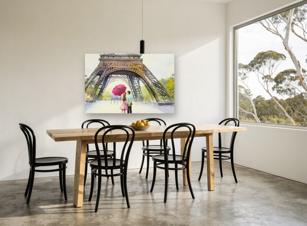 Umbrella Under the Tower floral canvas print on the wall of a dining room