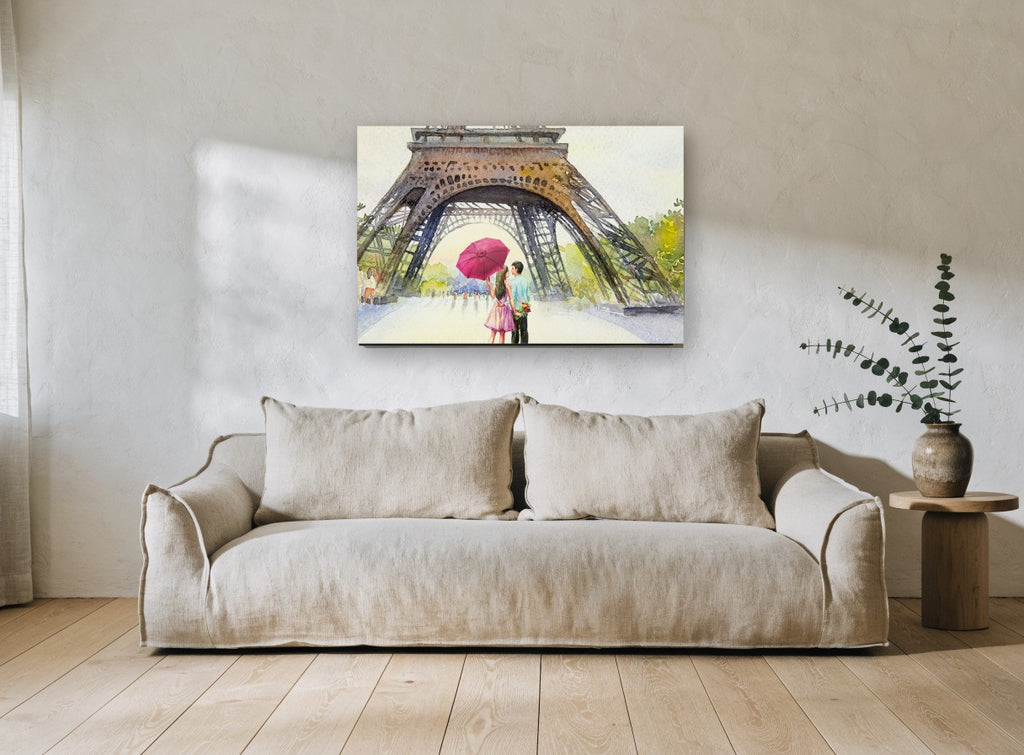 Umbrella Under the Tower floral canvas print on the wall of a living room