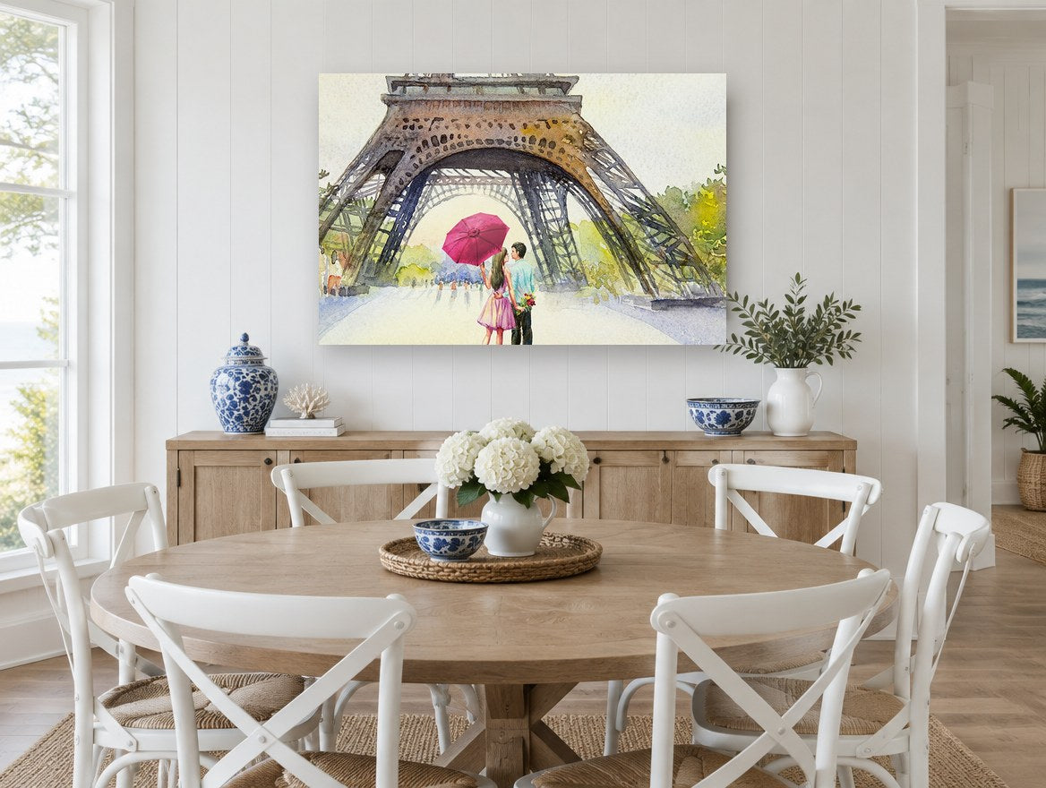 Umbrella Under the Tower floral canvas print on the wall of a Hamptons dining room