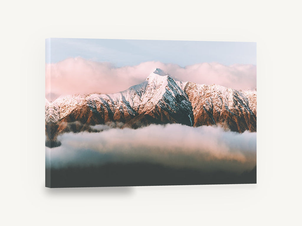 Rose Light Ridge, snow capped mountain cloud photograph, landscape canvas wall art print ready to hang