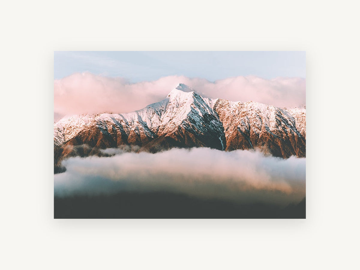Rose Light Ridge, snow capped mountain cloud photograph, landscape canvas wall art print, front view