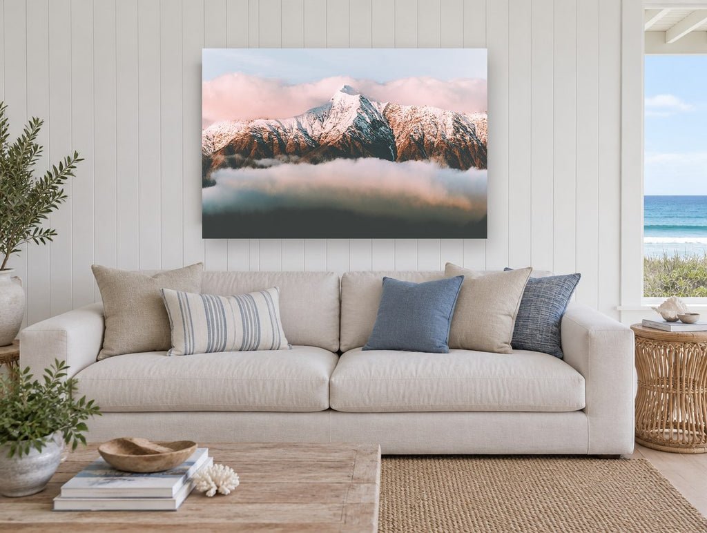 Rose Light Ridge landscape canvas print on the wall of a beach house living room