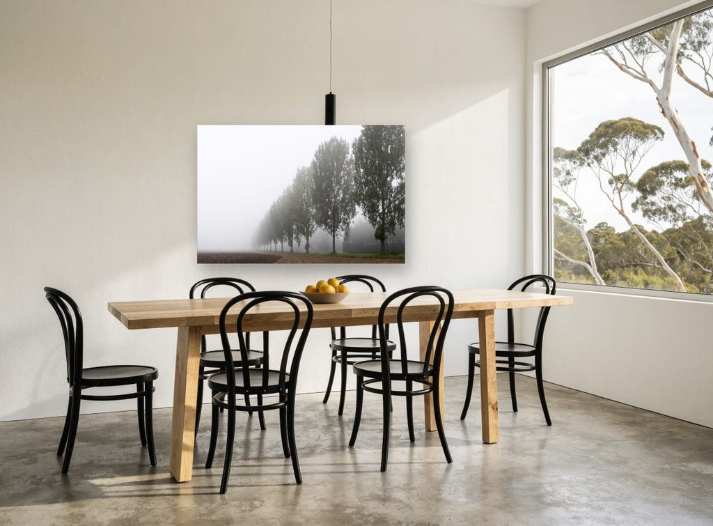 Poplar Row in Fog landscape canvas print on the wall of a dining room