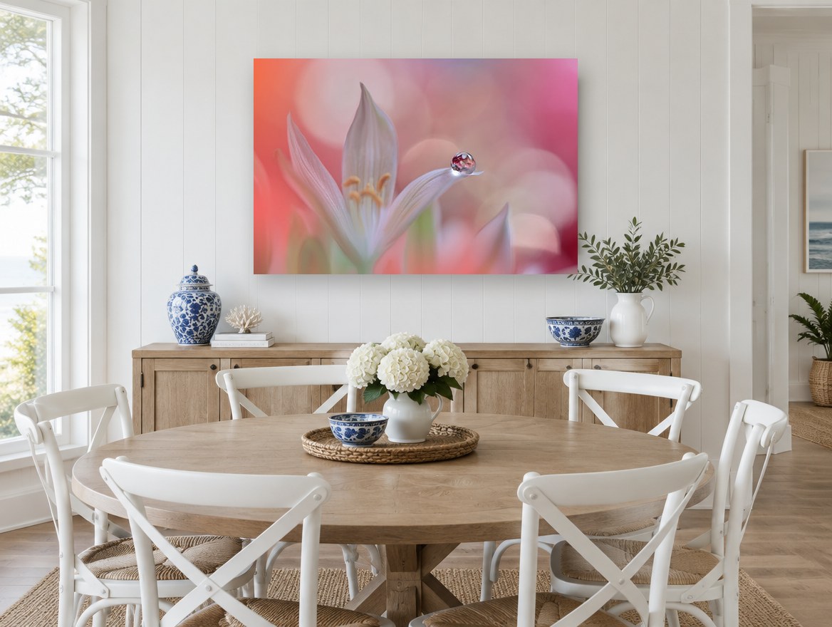 Dewdrop on White Petal floral canvas print on the wall of a Hamptons dining room