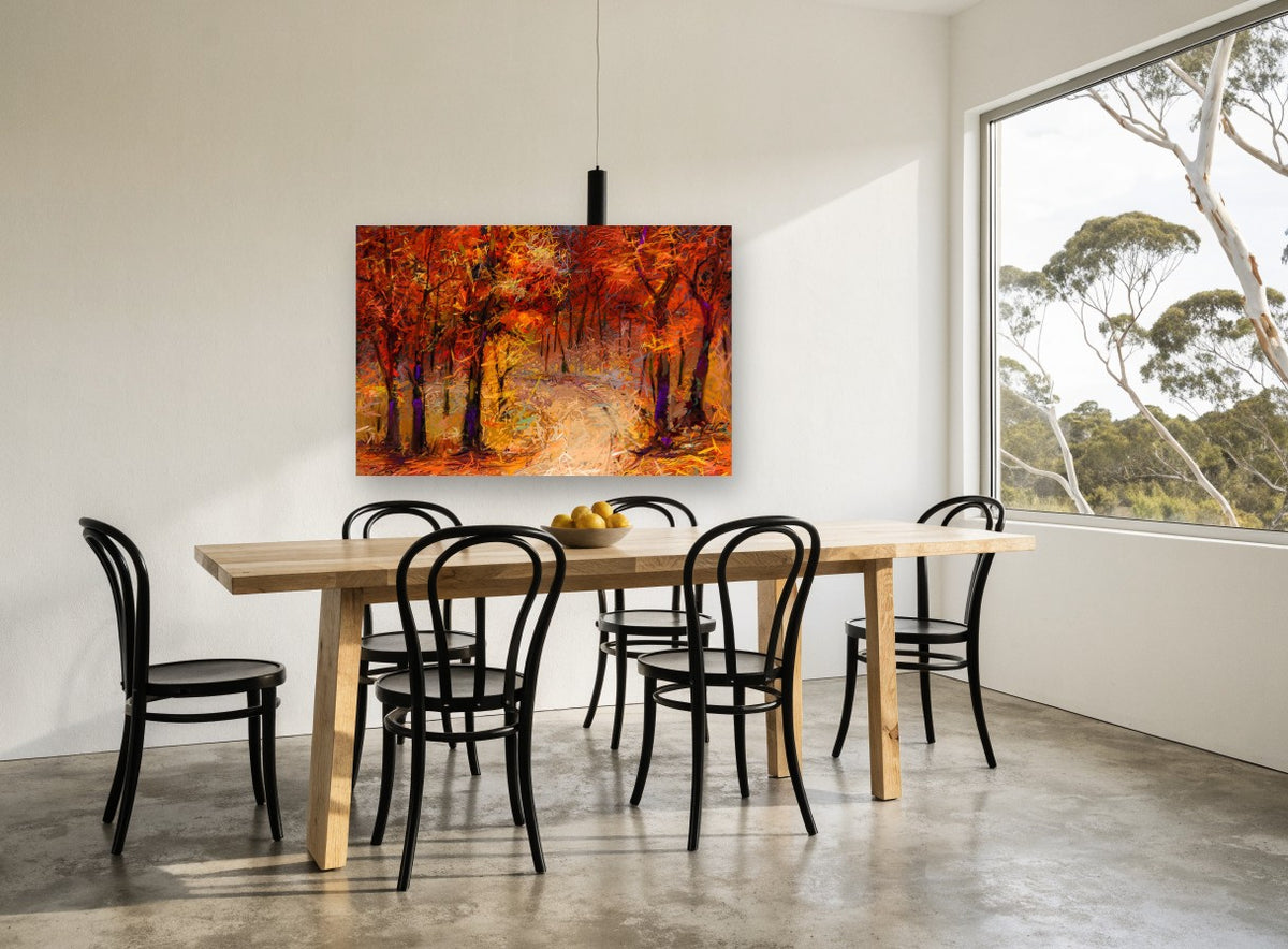 Ember Forest Path floral canvas print on the wall of a dining room