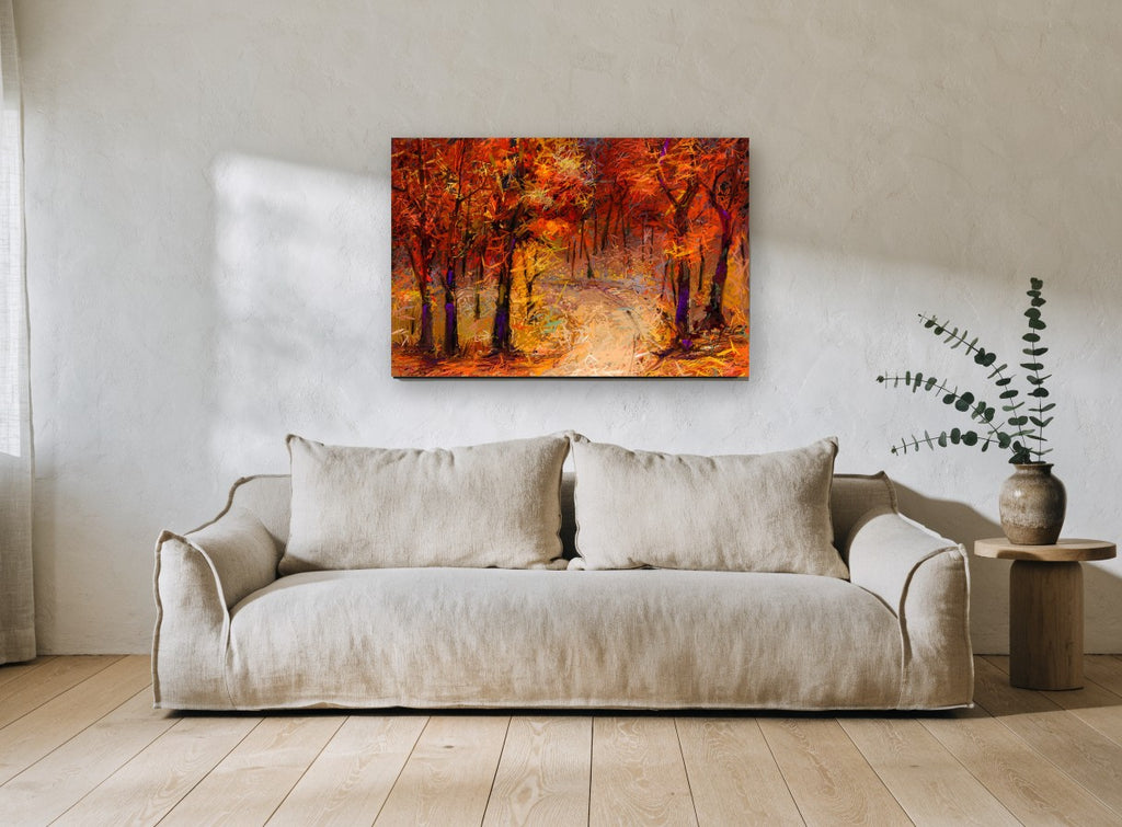Ember Forest Path floral canvas print on the wall of a living room
