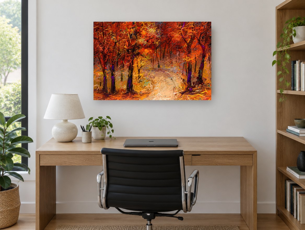 Ember Forest Path floral canvas print on the wall of a study