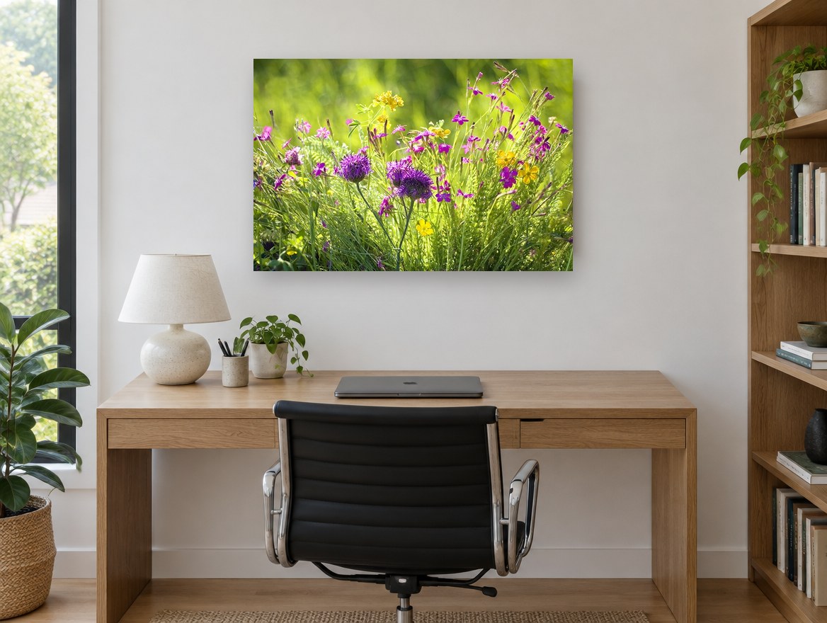 Meadow Thistle Glow floral canvas print on the wall of a study