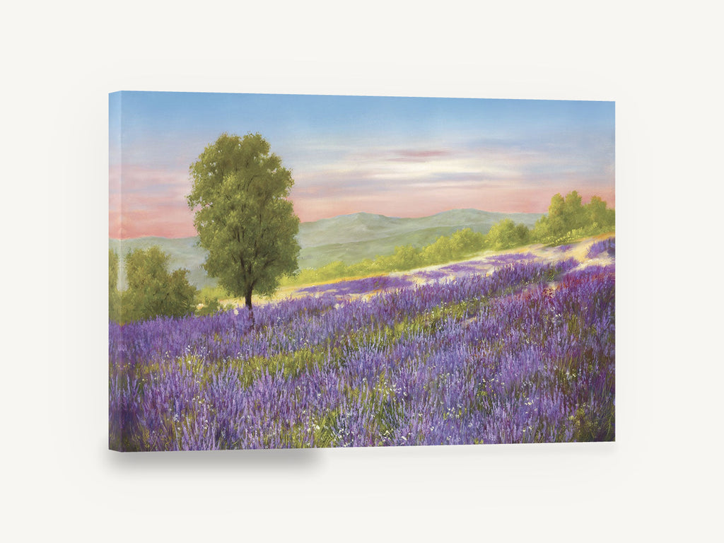 Lavender Hillside Dusk, lavender field landscape painting, floral canvas wall art print ready to hang