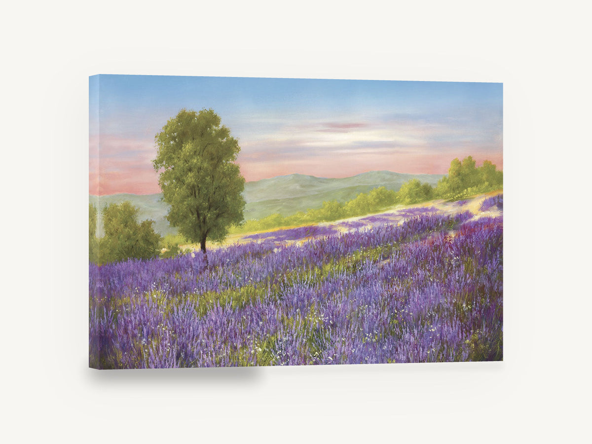 Lavender Hillside Dusk, lavender field landscape painting, floral canvas wall art print ready to hang