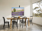 Lavender Hillside Dusk floral canvas print on the wall of a dining room