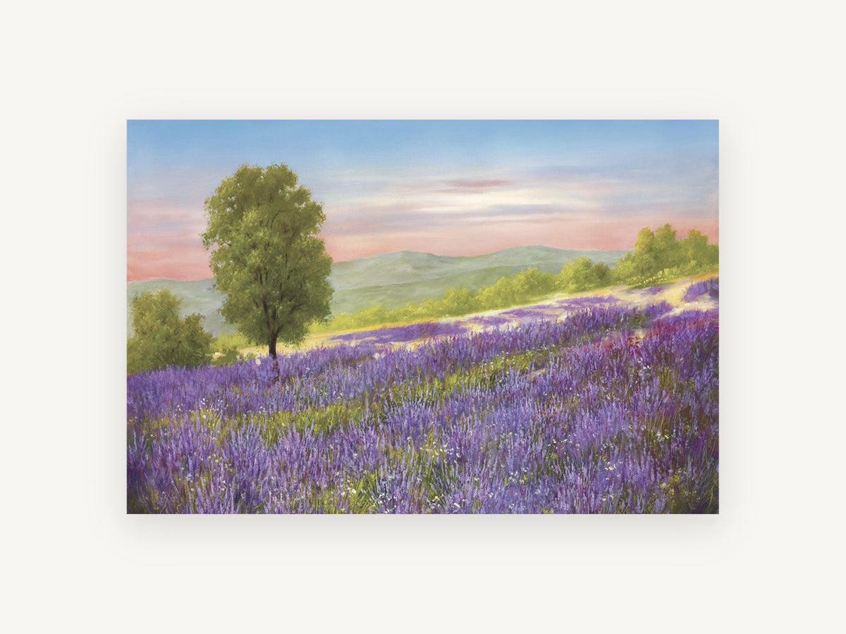 Lavender Hillside Dusk, floral canvas wall art print, front view