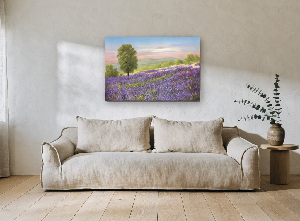 Lavender Hillside Dusk floral canvas print on the wall of a living room