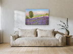 Lavender Hillside Dusk floral canvas print on the wall of a living room