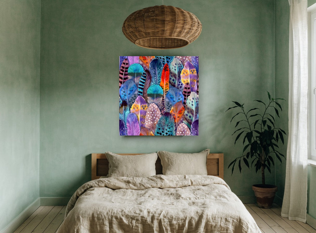 Plumage Patchwork animal canvas print on the wall of a bedroom