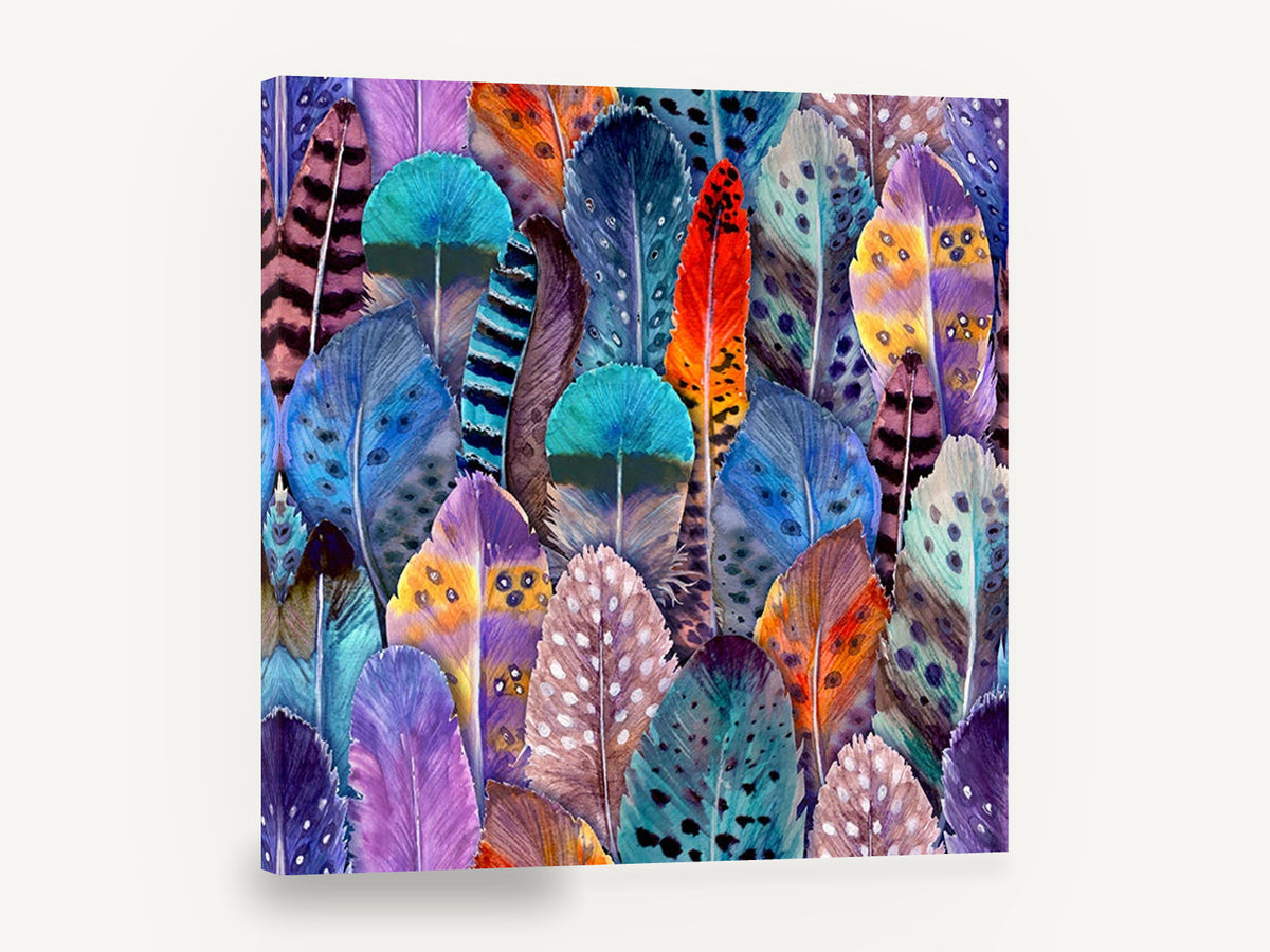 Plumage Patchwork, colourful feather watercolour pattern, animal canvas wall art print ready to hang