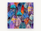 Plumage Patchwork, colourful feather watercolour pattern, animal canvas wall art print, front view