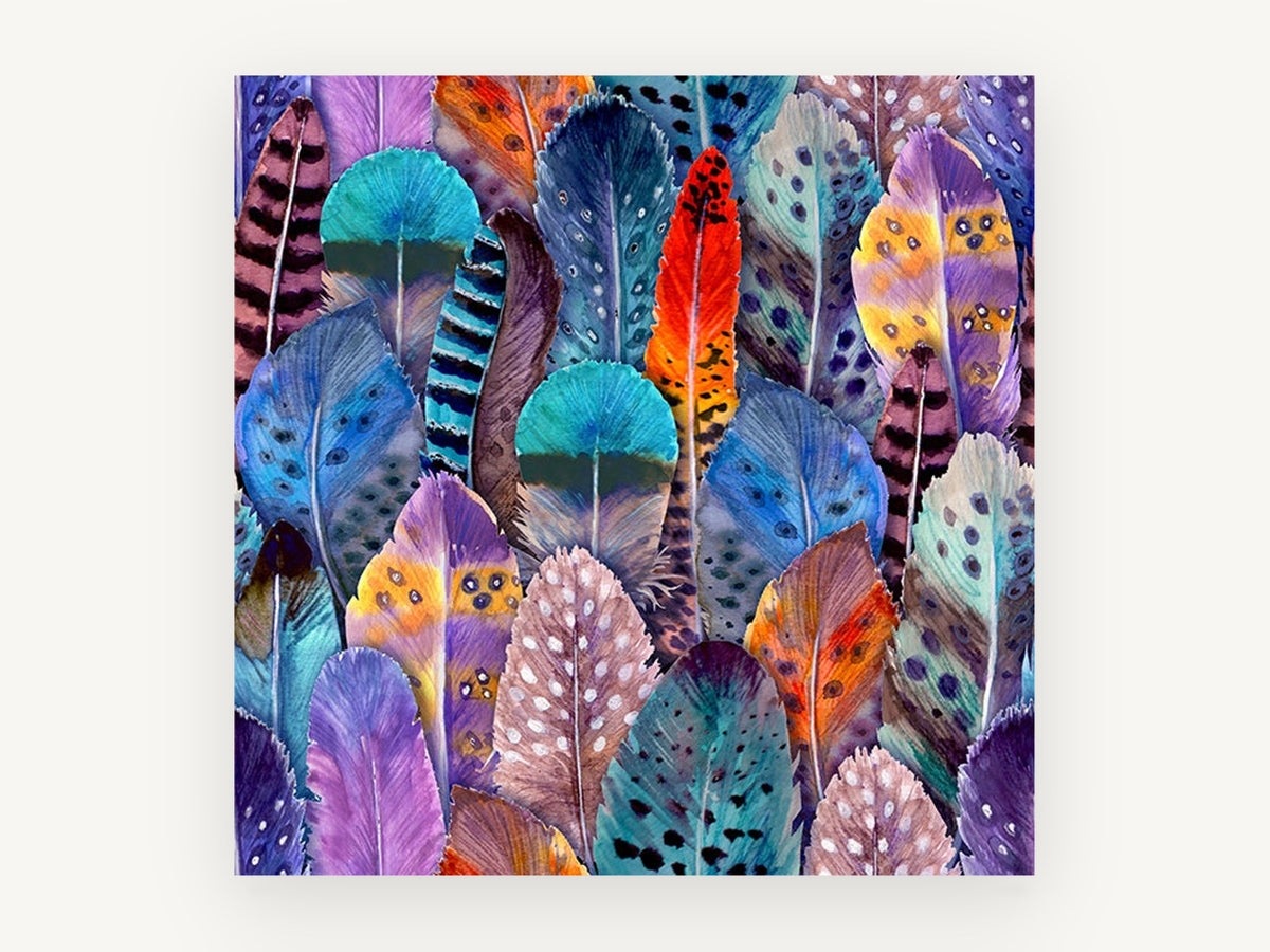 Plumage Patchwork, colourful feather watercolour pattern, animal canvas wall art print, front view