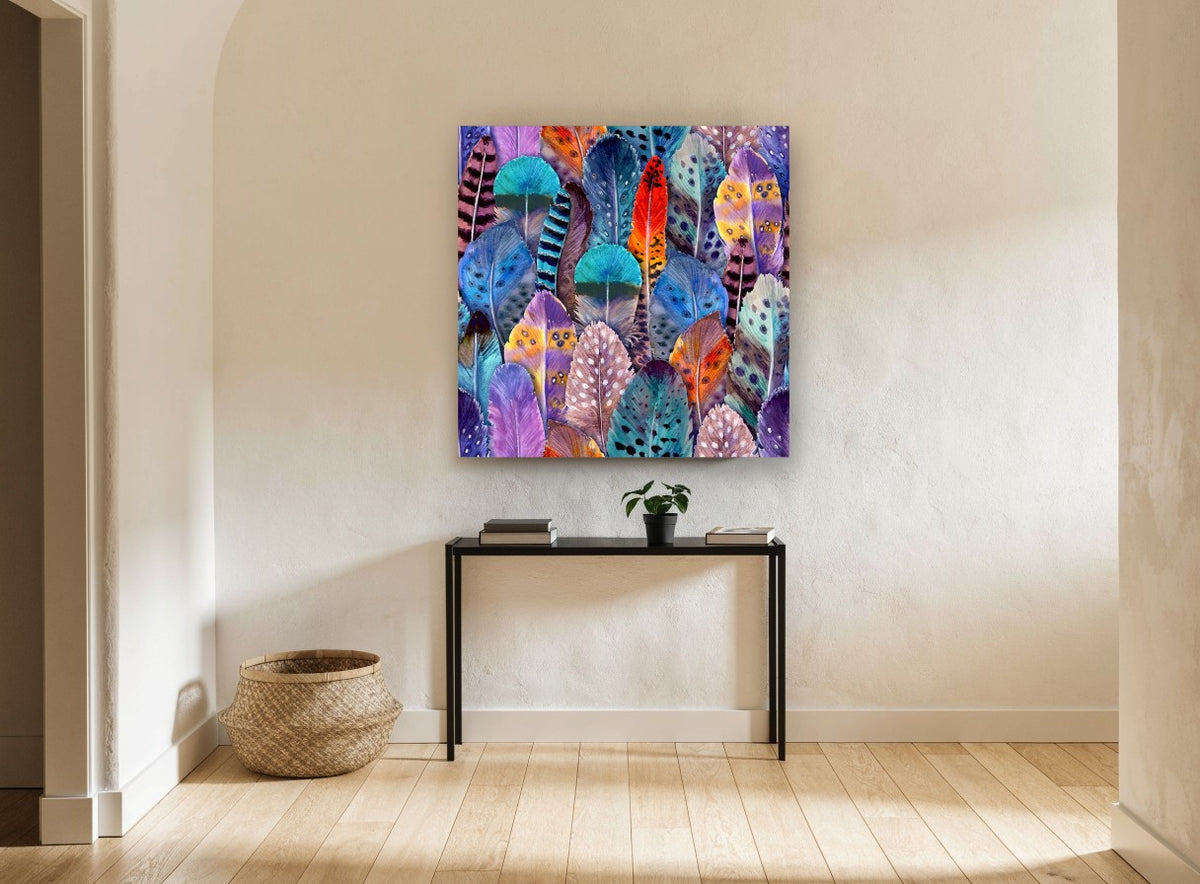 Plumage Patchwork animal canvas print on the wall of a hallway