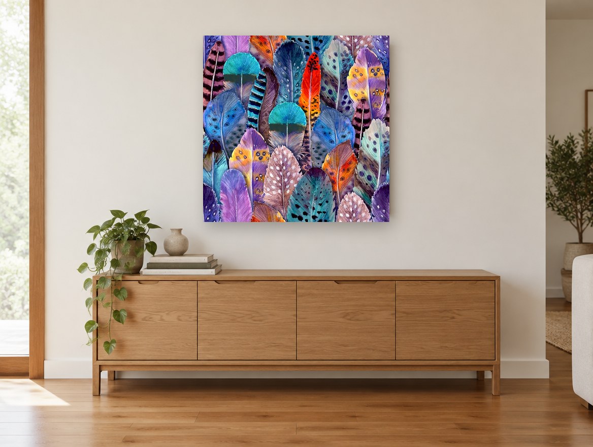 Plumage Patchwork animal canvas print on the wall of a living room above a sideboard